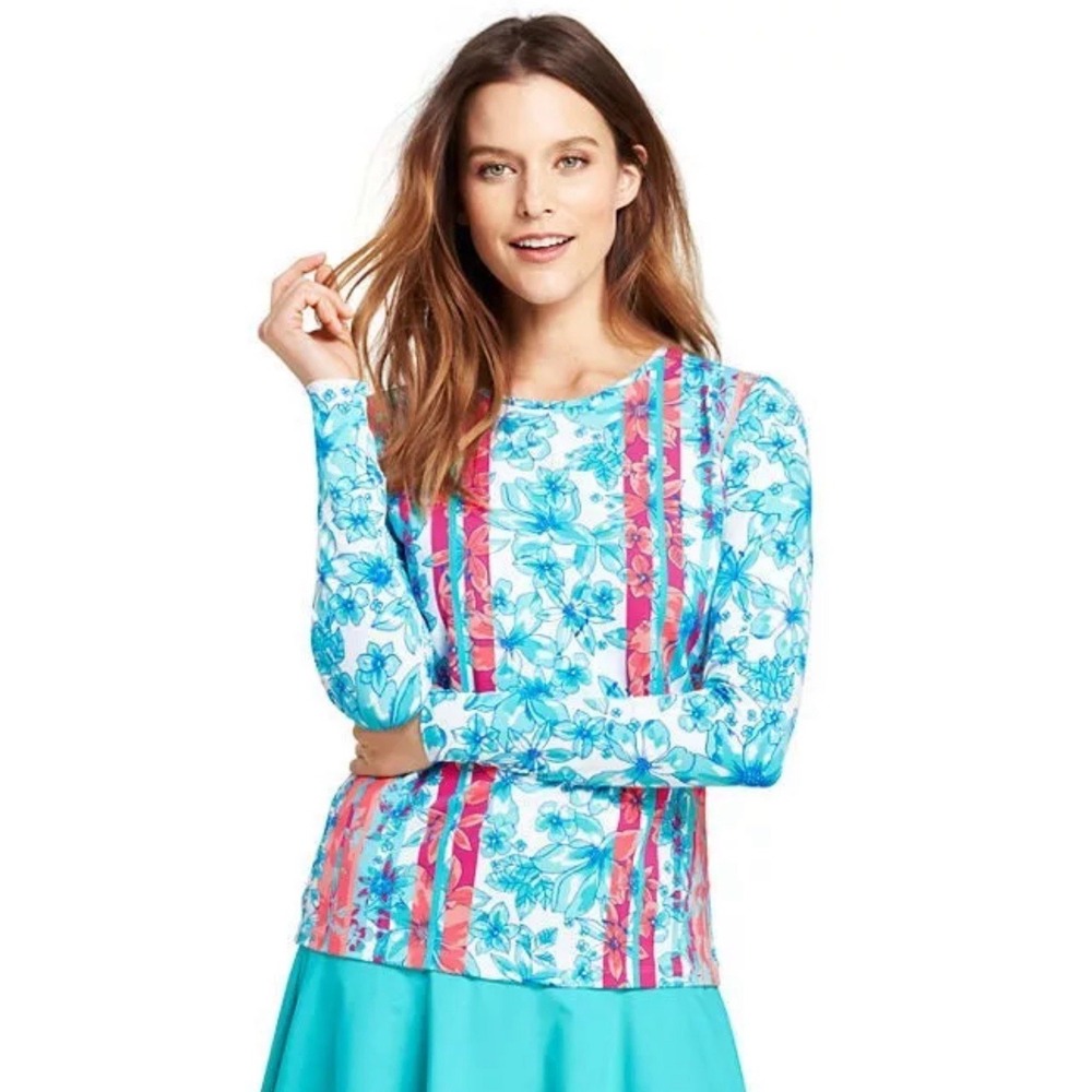 Lands End Womens Swim Rash Guard Top Blue Floral Pink Stripe Longsleeve 3XL